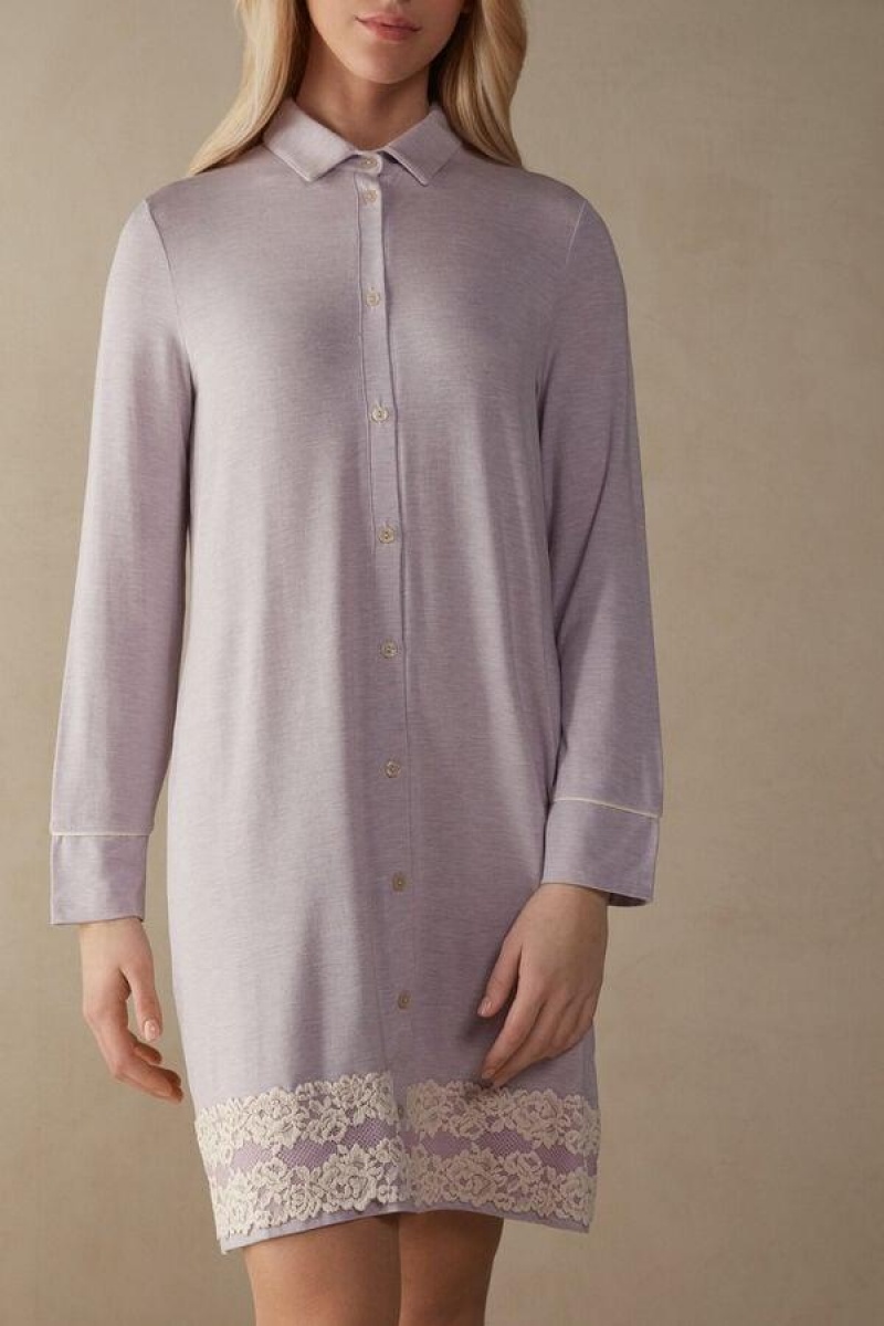 Pijama Dama Intimissimi Pretty Flower Open Front Nightshirt Violet Albi | RO RW2081