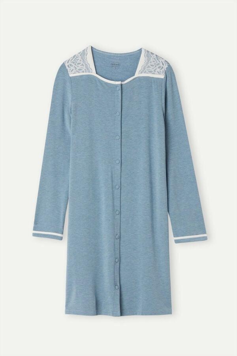 Pijama Dama Intimissimi Romantic Bedroom Button Up Night Shirt in Modal with Lână Albastri Deschis | RO SO2219