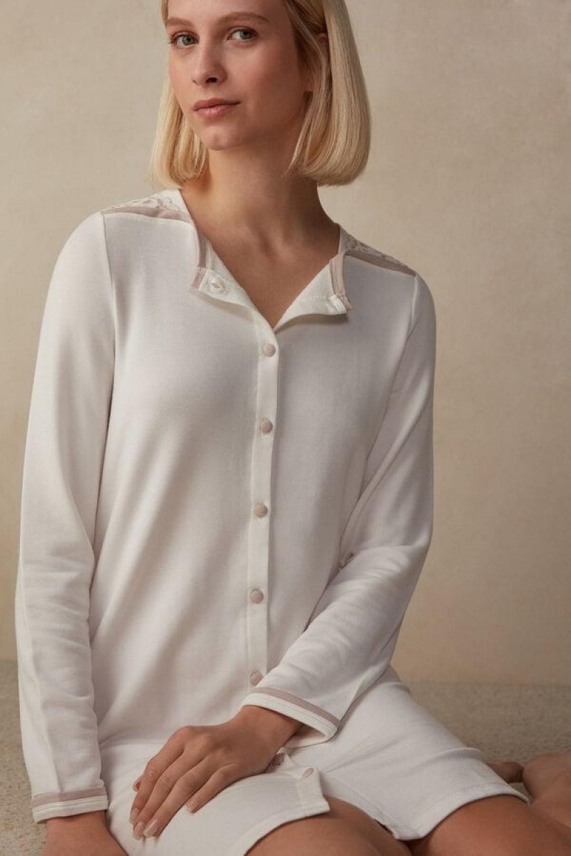 Pijama Dama Intimissimi Romantic Bedroom Button Up Night Shirt in Modal with Lână Albi Roz | RO DN2220