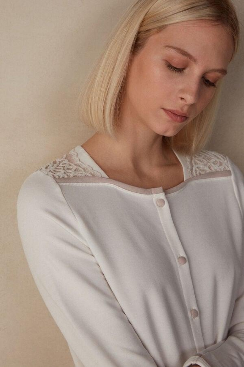 Pijama Dama Intimissimi Romantic Bedroom Button Up Night Shirt in Modal with Lână Albi Roz | RO DN2220