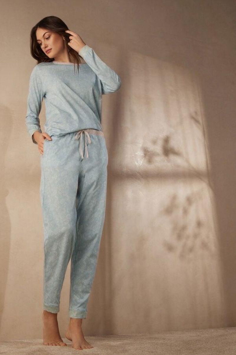 Pijama Dama Intimissimi Romantic Cashmere Full Length Bumbac Pants Albastri Deschis | RO WY2027