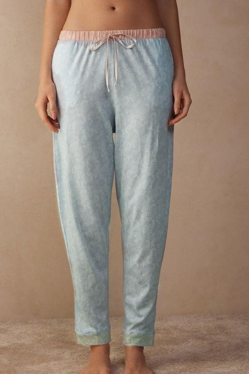 Pijama Dama Intimissimi Romantic Cashmere Full Length Bumbac Pants Albastri Deschis | RO WY2027