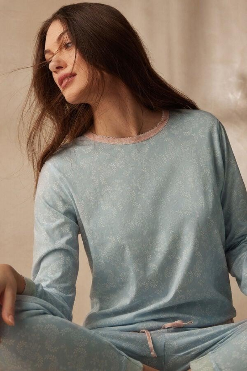 Pijama Dama Intimissimi Romantic Cashmere Long Sleeve Bumbac Top Albastri Deschis | RO MA2129