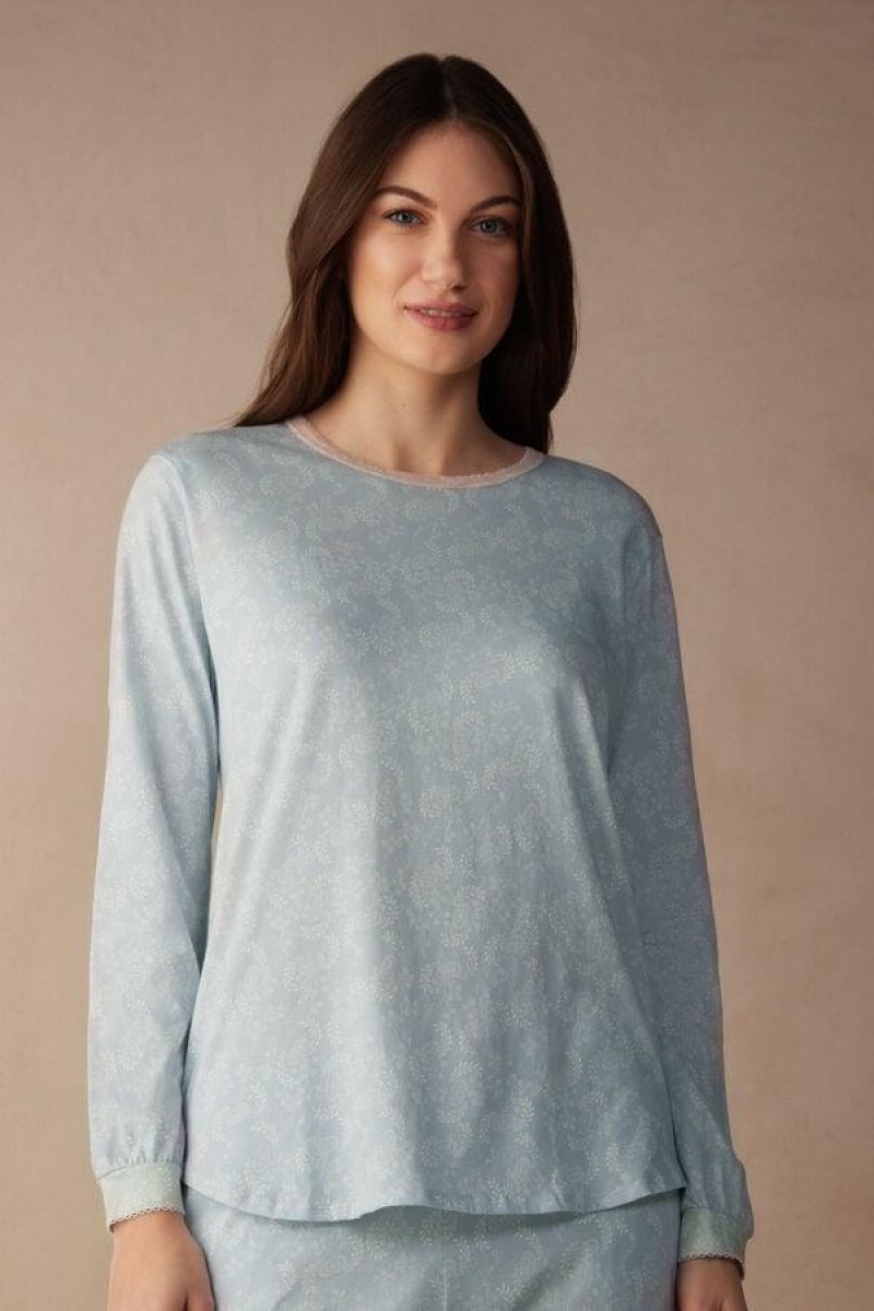 Pijama Dama Intimissimi Romantic Cashmere Long Sleeve Bumbac Top Albastri Deschis | RO MA2129