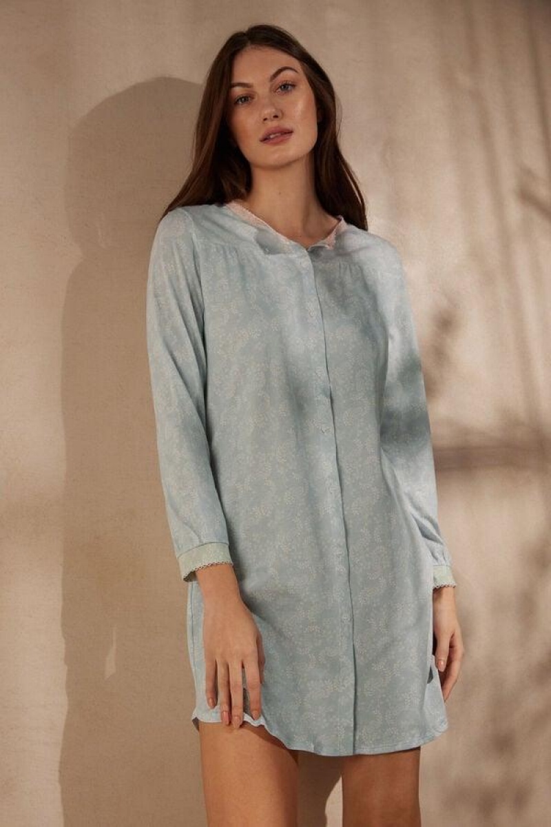 Pijama Dama Intimissimi Romantic Cashmere Button Up Night Shirt Albastri Deschis | RO UT2214