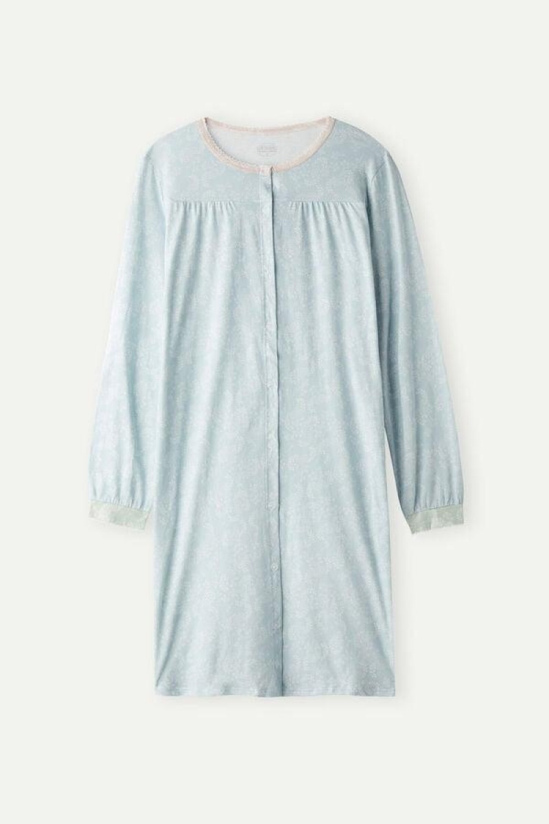 Pijama Dama Intimissimi Romantic Cashmere Button Up Night Shirt Albastri Deschis | RO UT2214