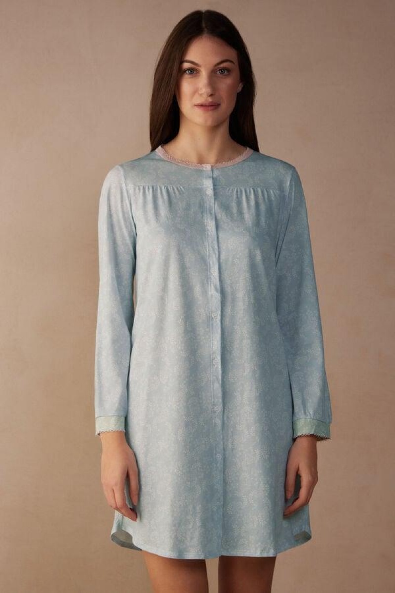 Pijama Dama Intimissimi Romantic Cashmere Button Up Night Shirt Albastri Deschis | RO UT2214