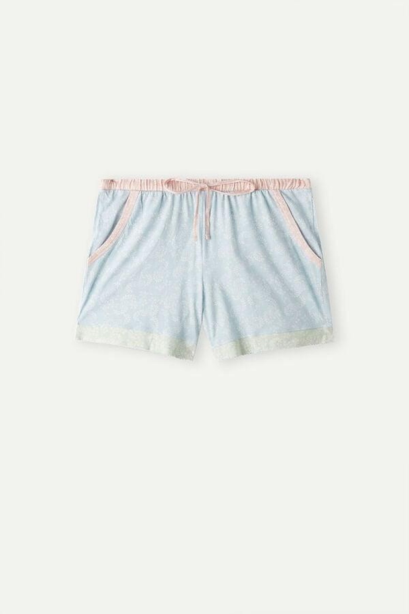 Pijama Dama Intimissimi Romantic Cashmere Bumbac Shorts Albastri Deschis | RO CE1969