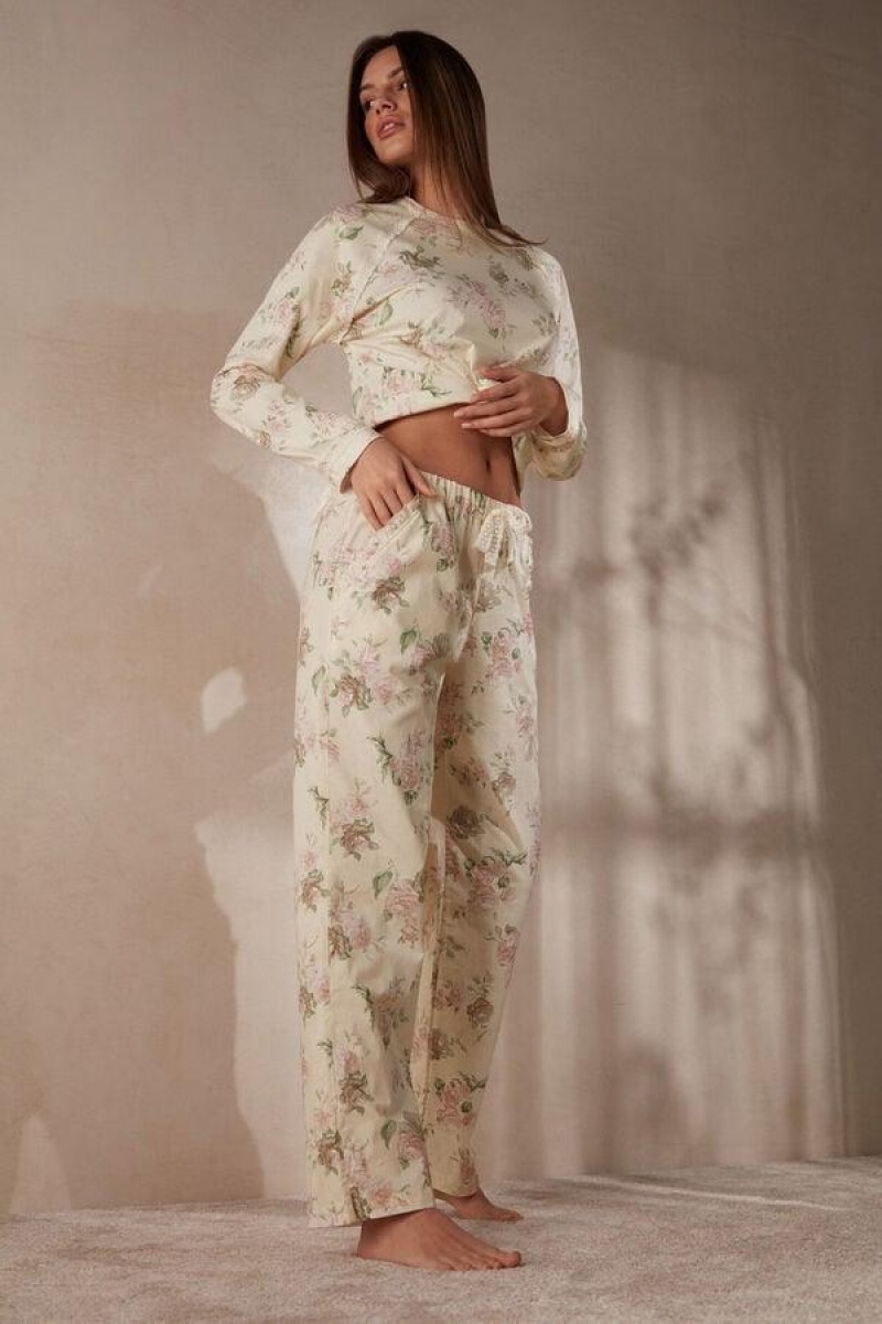 Pijama Dama Intimissimi Scent of Roses Full Length Bumbac Cloth Pants Colorati Albi | RO TV2030