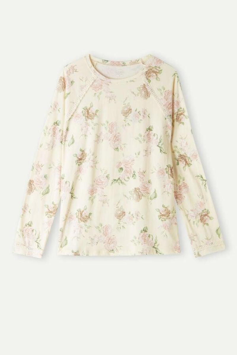 Pijama Dama Intimissimi Scent of Roses Long Sleeve Bumbac T-shirt Colorati Albi | RO EX2132