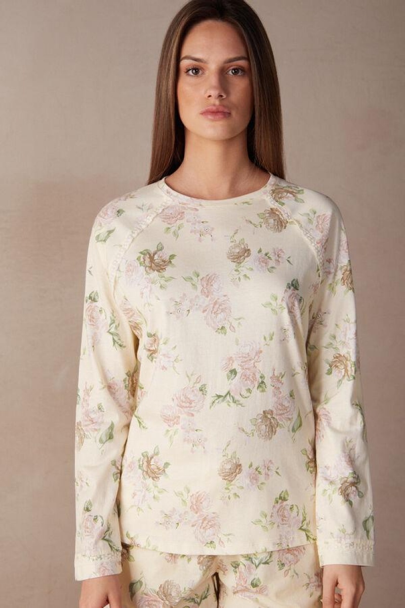 Pijama Dama Intimissimi Scent of Roses Long Sleeve Bumbac T-shirt Colorati Albi | RO EX2132