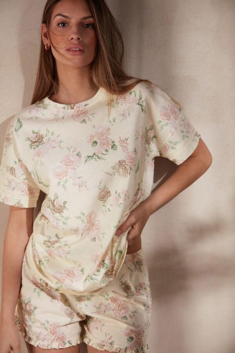 Pijama Dama Intimissimi Scent of Roses Scurte Sleeve Bumbac T-shirt Colorati Albi | RO VD2100