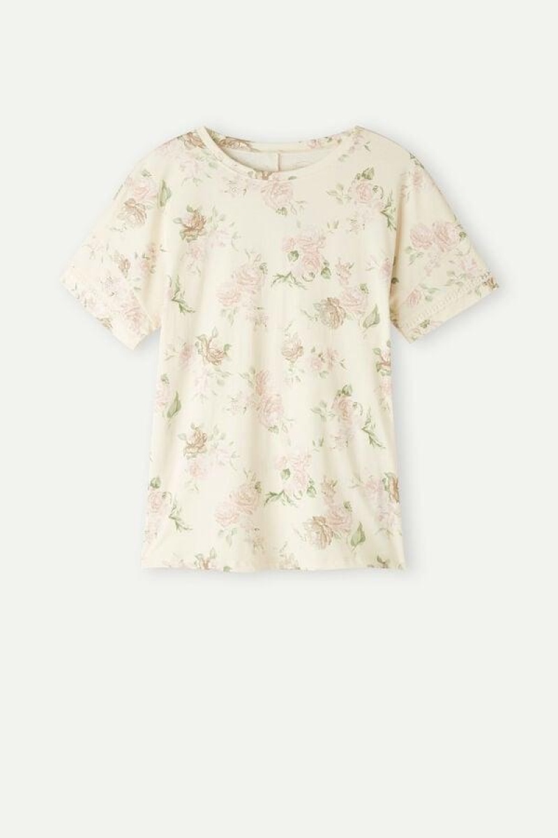 Pijama Dama Intimissimi Scent of Roses Scurte Sleeve Bumbac T-shirt Colorati Albi | RO VD2100