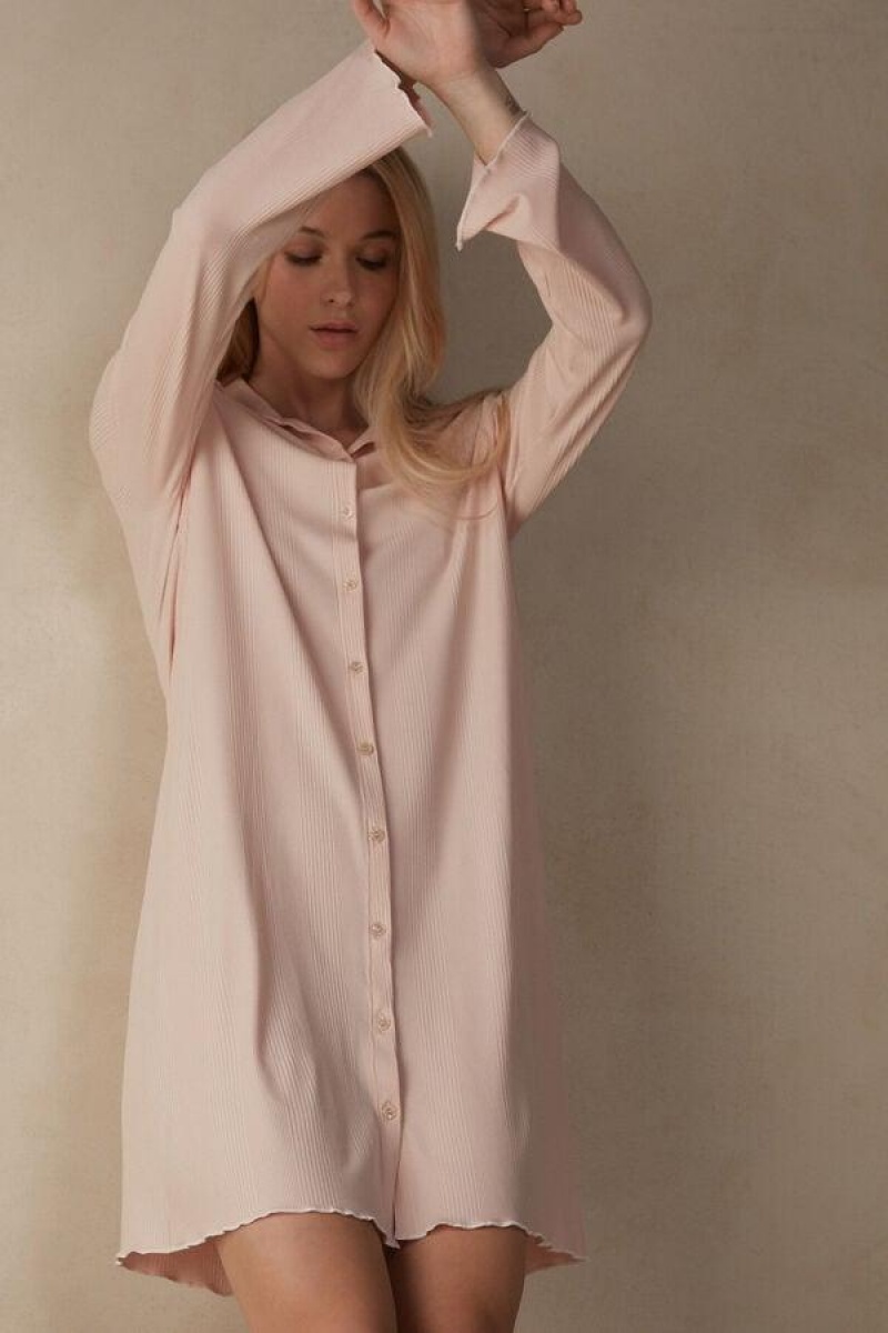 Pijama Dama Intimissimi Soft Ribs Button-Up Nightshirt Roz | RO JJ2224