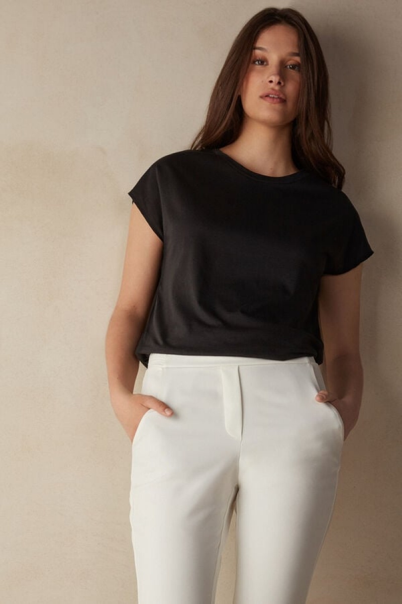 Short Sleeve Dama Intimissimi Crew Neck Top in Supima® Ultrafresh cotton Negrii | RO FM1857