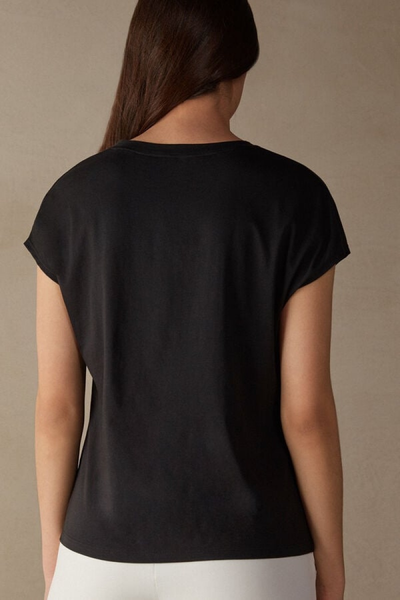 Short Sleeve Dama Intimissimi Crew Neck Top in Supima® Ultrafresh cotton Negrii | RO FM1857