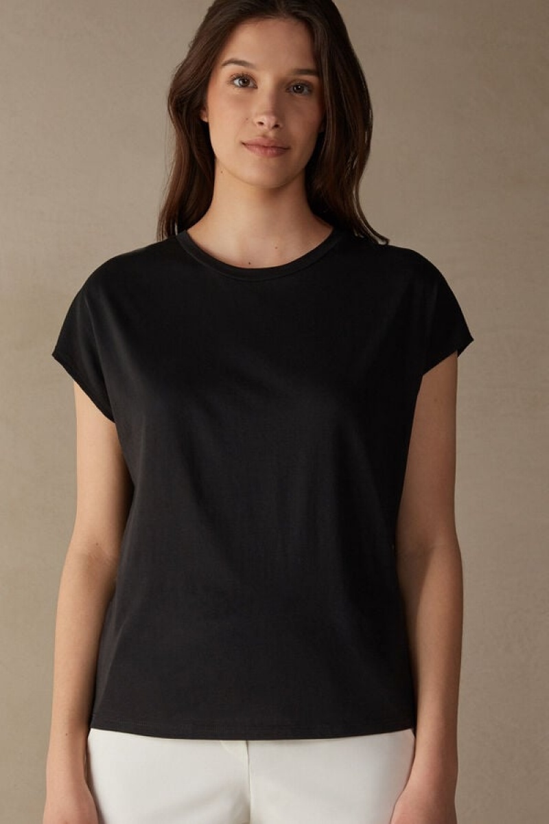 Short Sleeve Dama Intimissimi Crew Neck Top in Supima® Ultrafresh cotton Negrii | RO FM1857