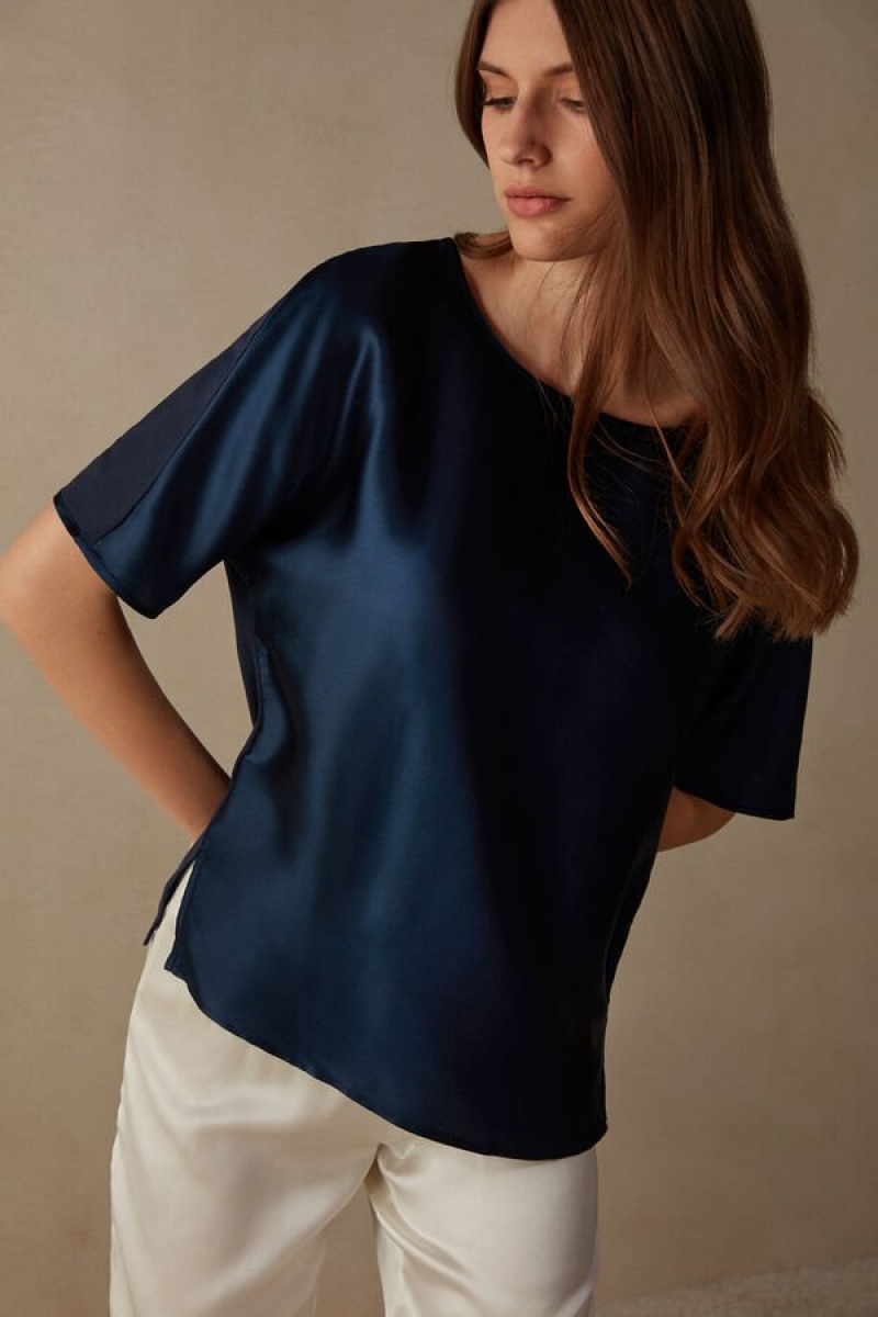 Short Sleeve Dama Intimissimi Silk and Modal Top Albastri | RO IS1851