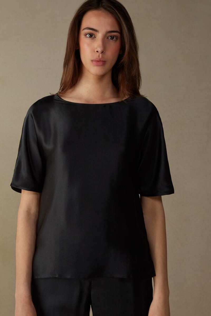 Short Sleeve Dama Intimissimi Silk and Modal Top Negrii | RO OR1852