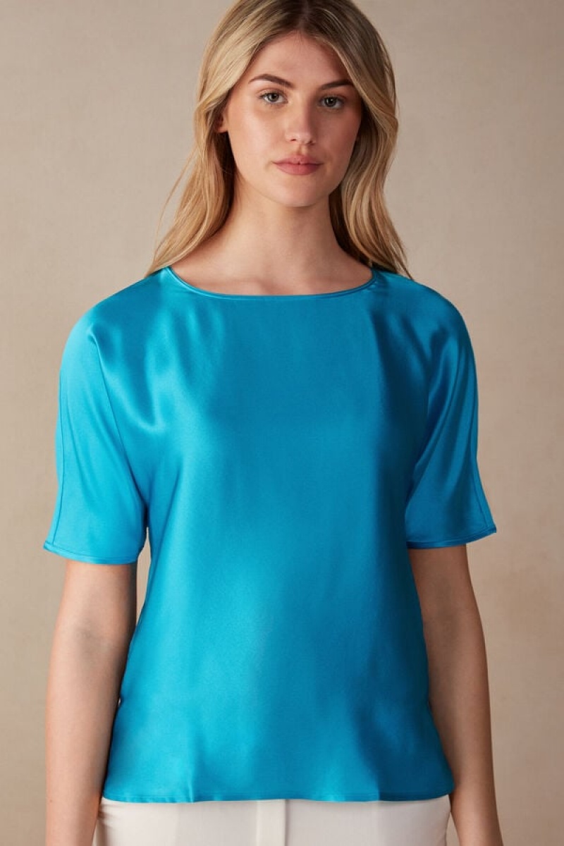 Short Sleeve Dama Intimissimi Silk and Modal Top Turcoaz | RO JJ1860