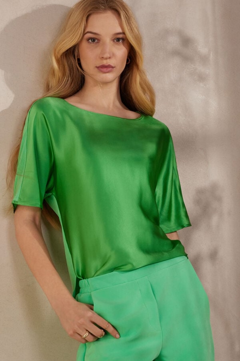 Short Sleeve Dama Intimissimi Silk and Modal Top Verde Menta | RO LH1862