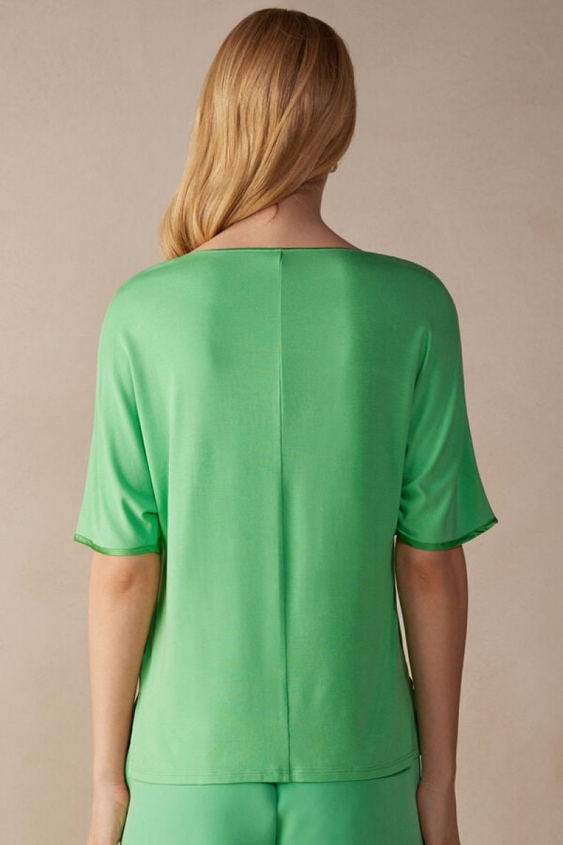 Short Sleeve Dama Intimissimi Silk and Modal Top Verde Menta | RO LH1862