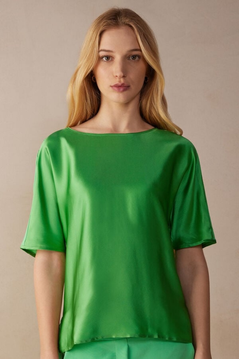 Short Sleeve Dama Intimissimi Silk and Modal Top Verde Menta | RO LH1862