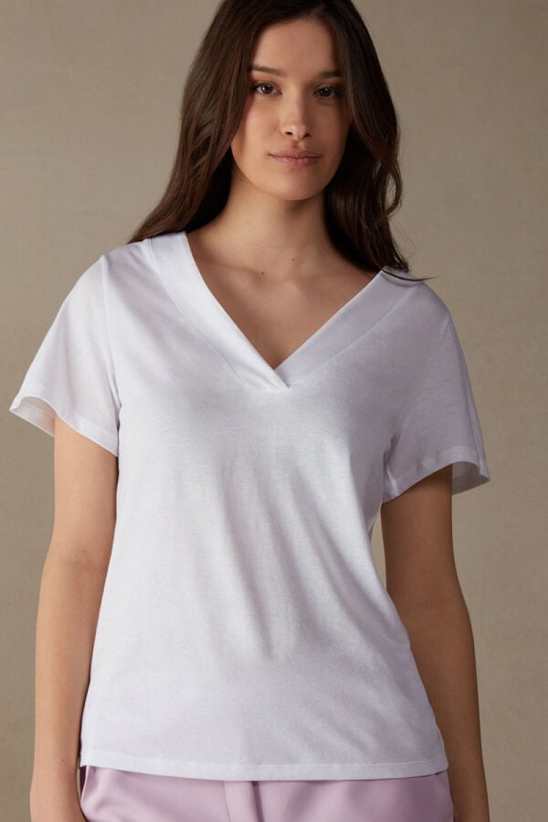 Short Sleeve Dama Intimissimi V-neck Top in Supima® Ultrafresh Bumbac Albi | RO SO1855