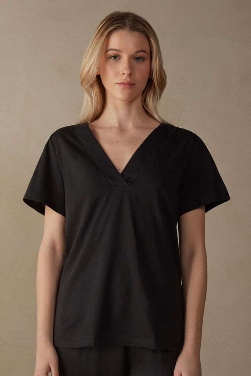 Short Sleeve Dama Intimissimi V-neck Top in Supima® Ultrafresh Bumbac Negrii | RO DN1856