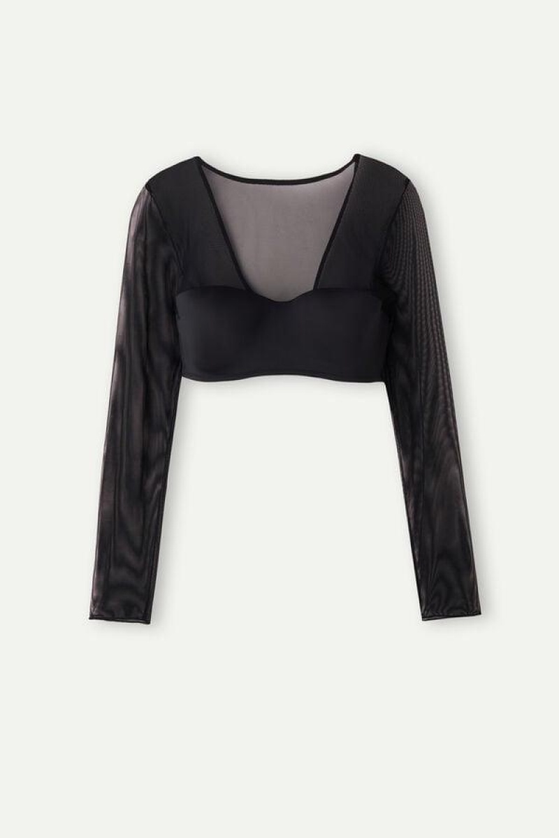 Sutiene Dama Intimissimi Long Sleeve Top in Ultralight Microfiber and Tulle Negrii | RO YU1147