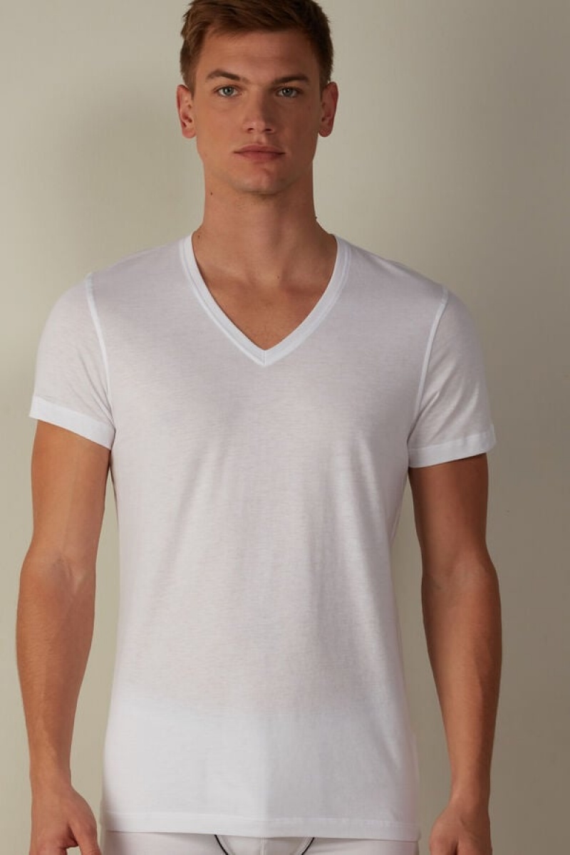 Tricouri Barbati Intimissimi Scurte-Sleeve V-Neck in Extra-Fine Supima® Bumbac Albi | RO VD3015