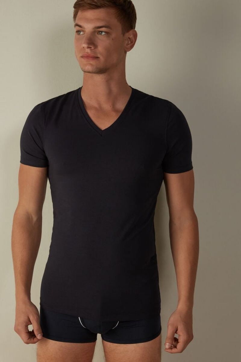 Tricouri Barbati Intimissimi V-neck in Stretch Supima® Bumbac Albastri | RO KI3020